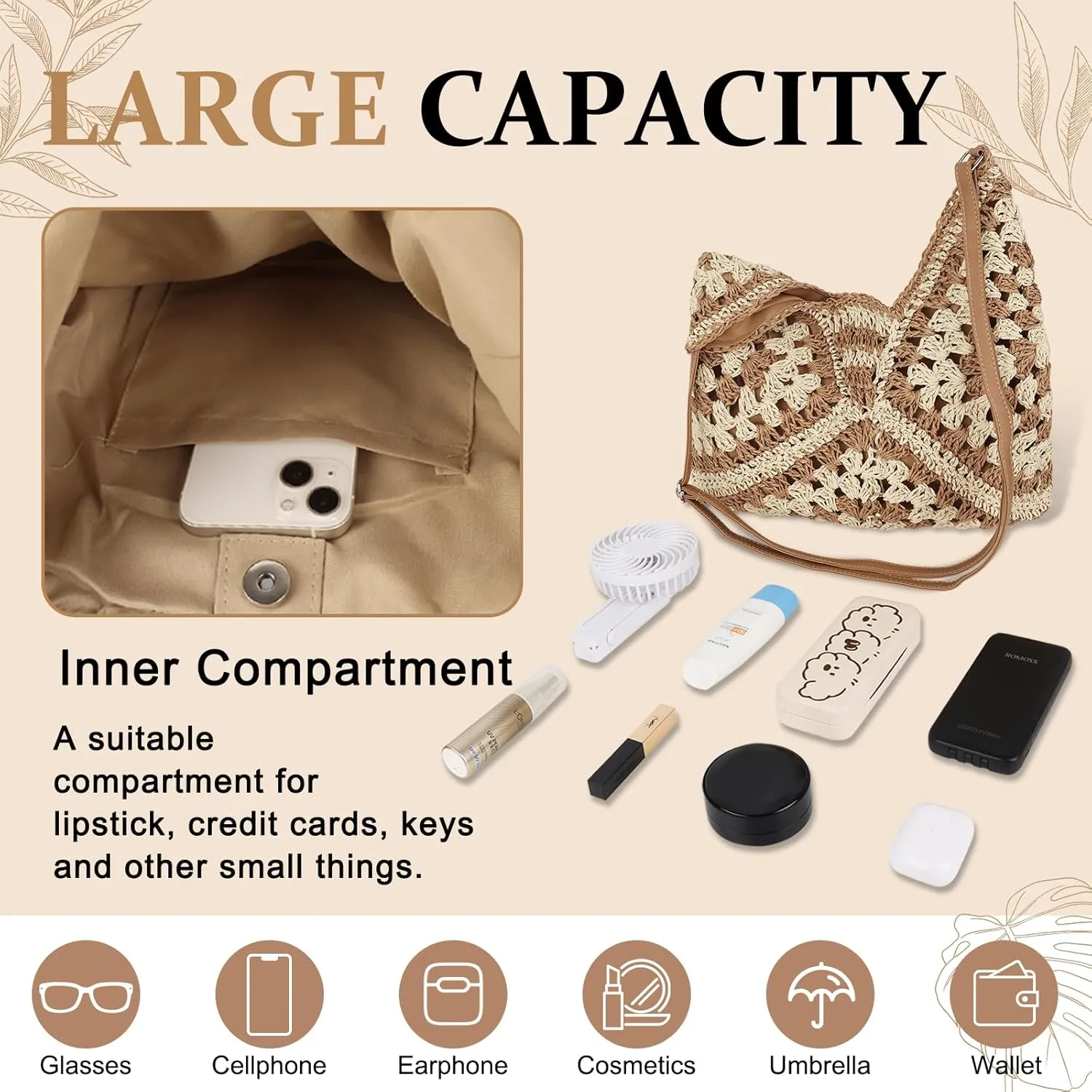 Straw Hobo Beach Bag for Women, Woven Tote Bag Summer Crochet Shoulder Bag,Vintage Foldable Handbag for Travel