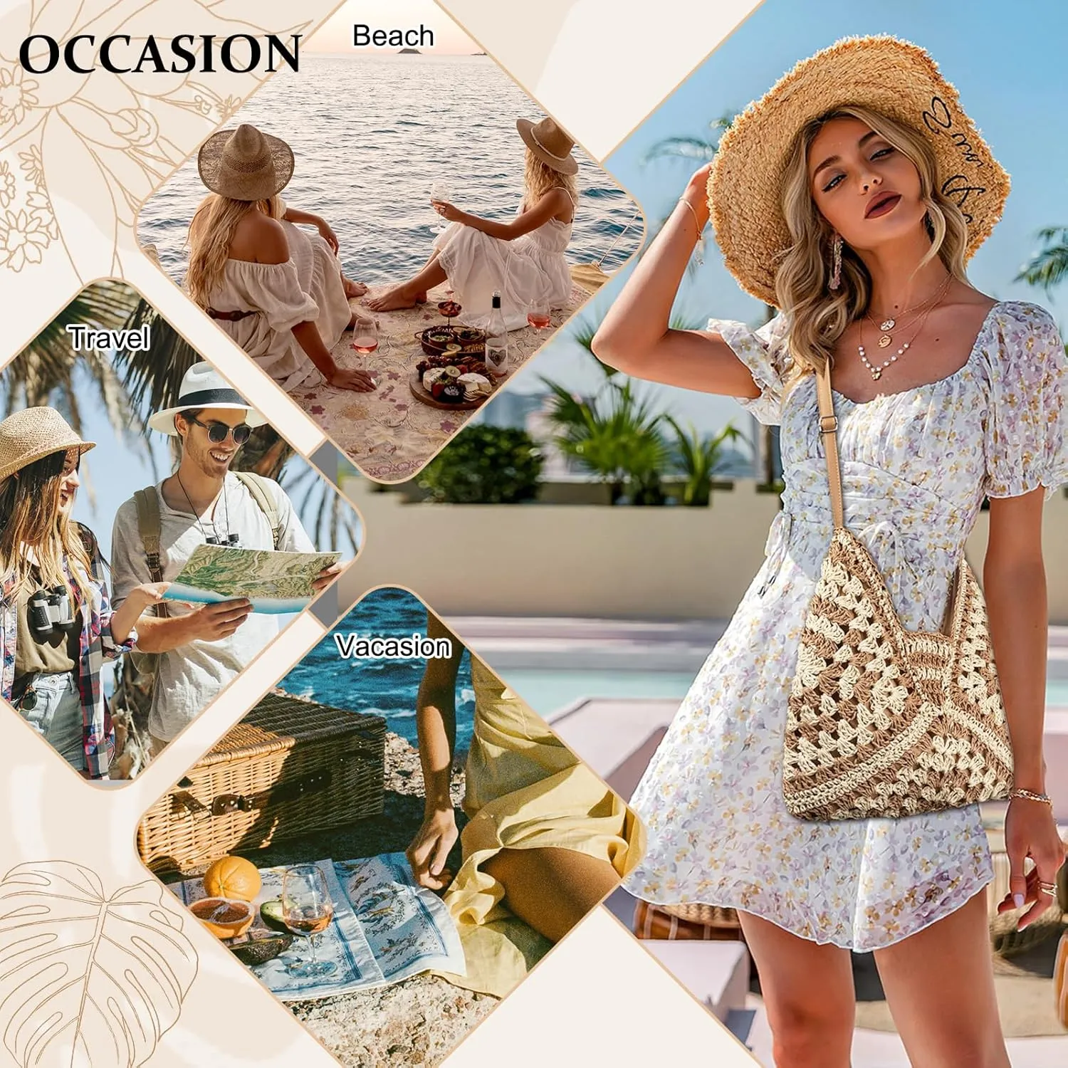 Straw Hobo Beach Bag for Women, Woven Tote Bag Summer Crochet Shoulder Bag,Vintage Foldable Handbag for Travel