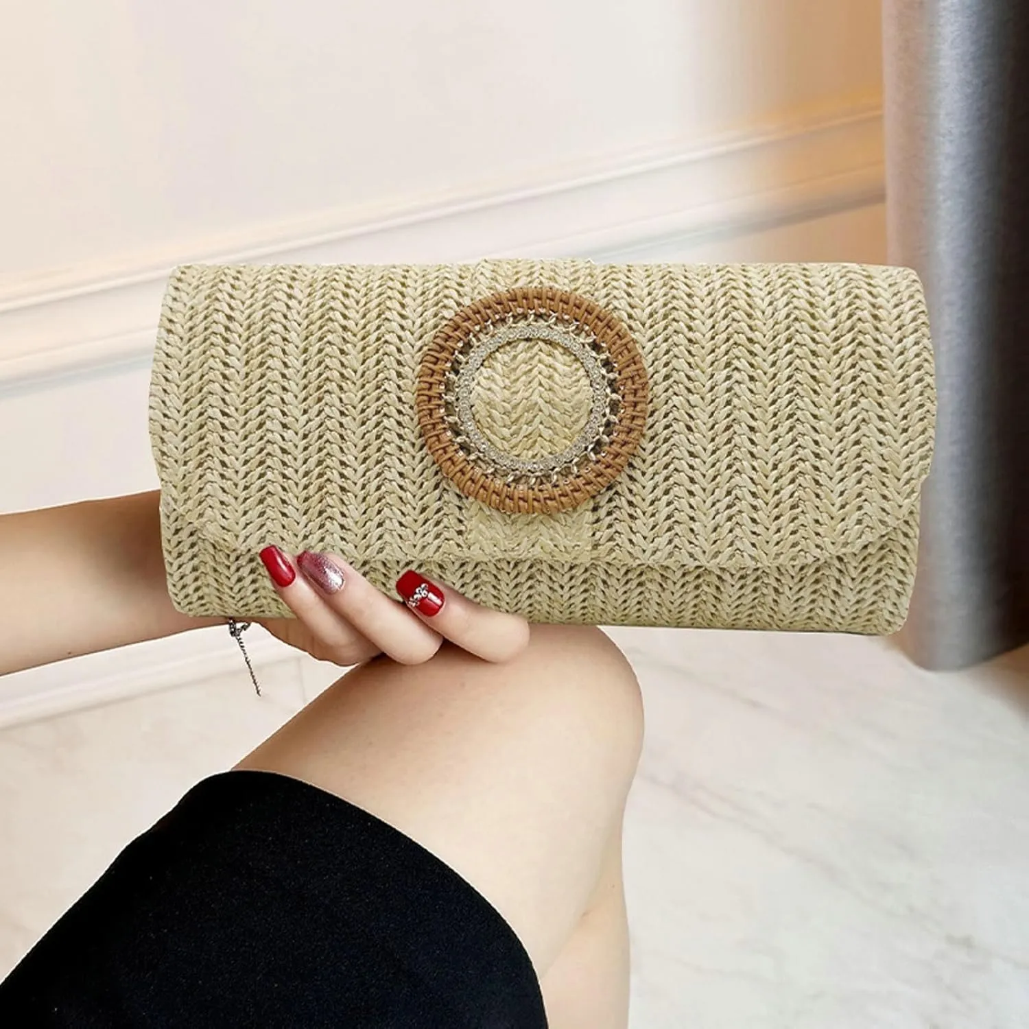 Straw Woven Clutch Purse 2025 Summer Boho Evening Handbag Chain Crossbody Bag Flap Envelope Vacation