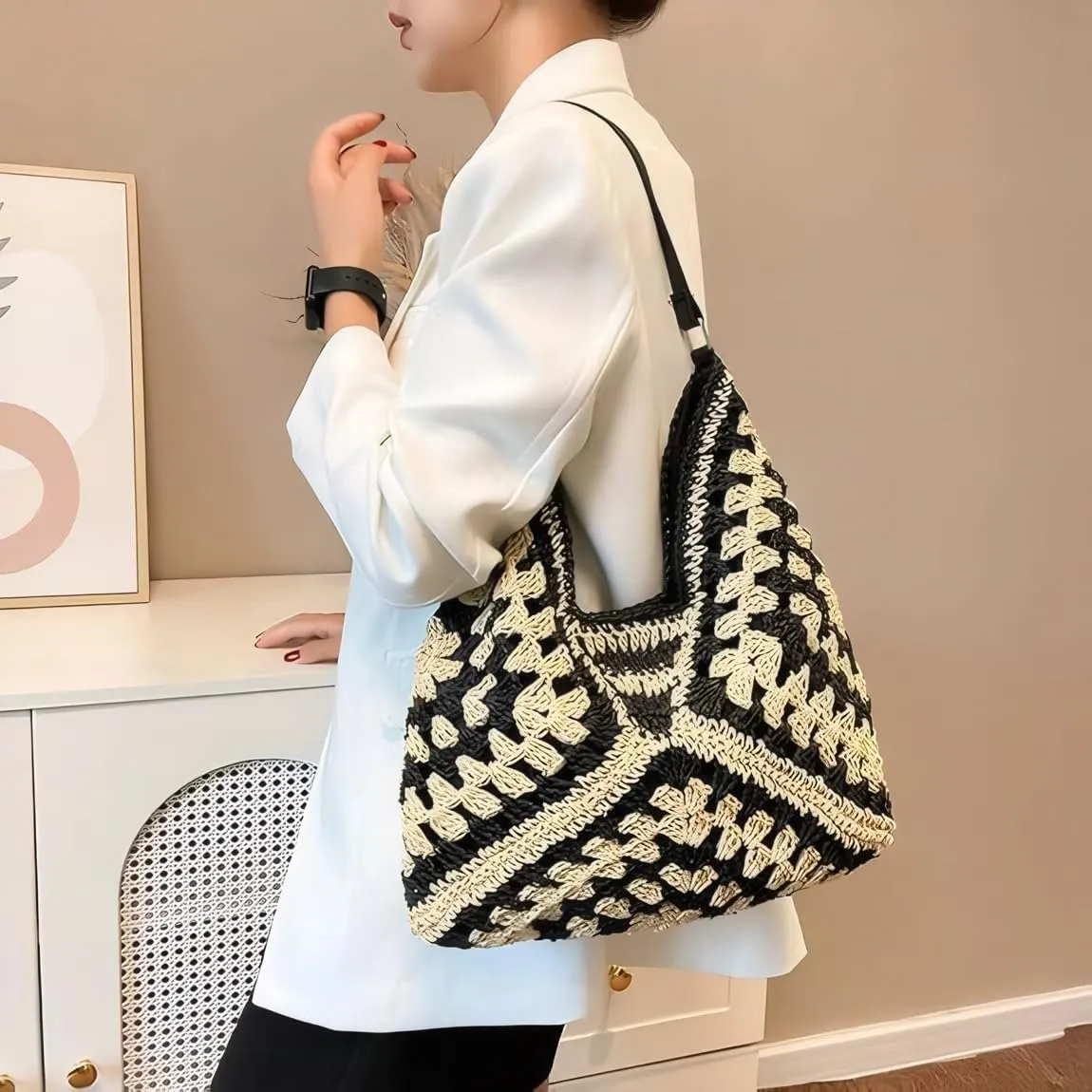 Straw Woven Hobo Bags for Women - Beach Travel Daily Use Shoulder Bag Handmade Tote Bag