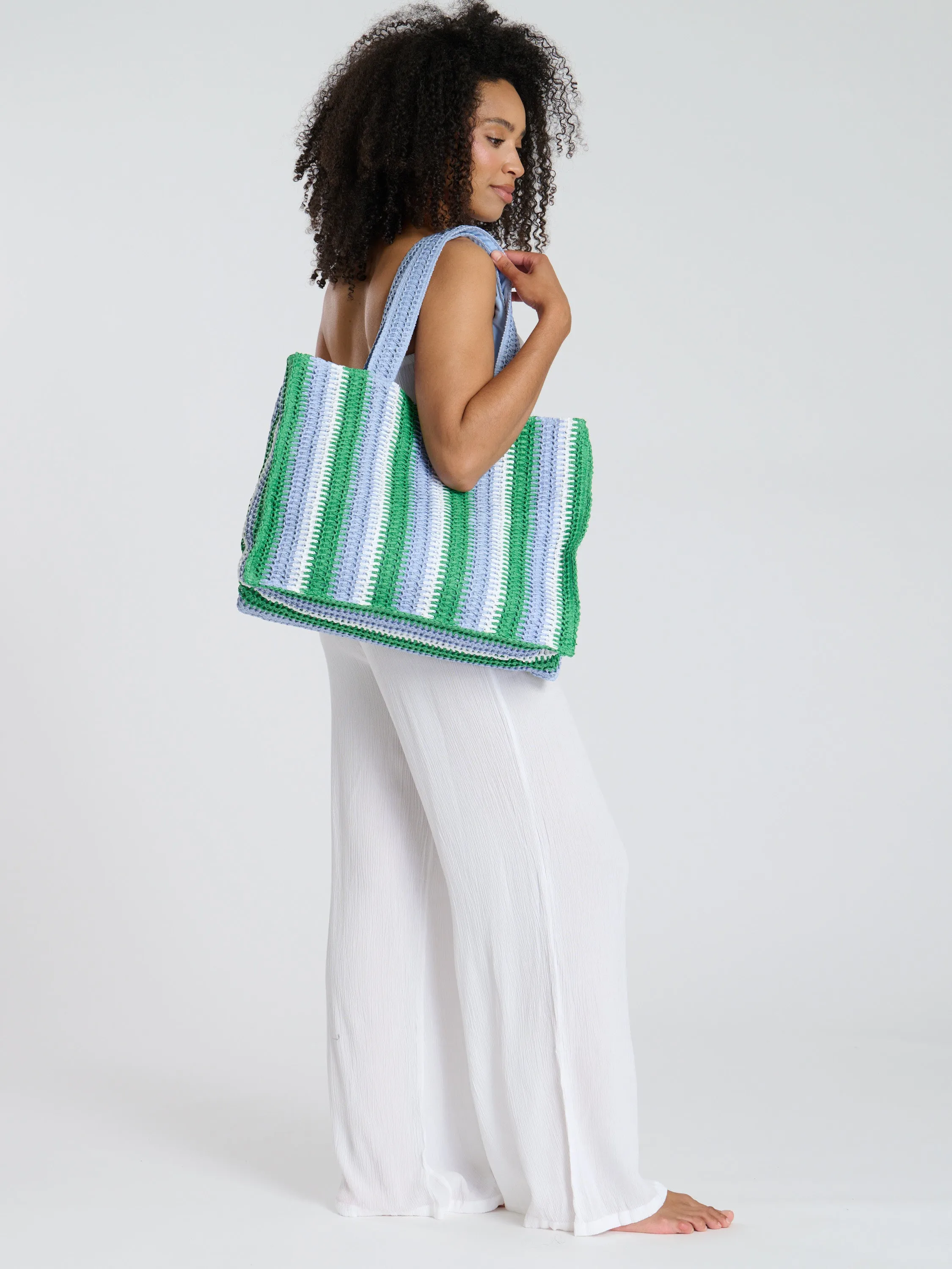 Straw Woven Shoulder Tote Bag in Green & Blue