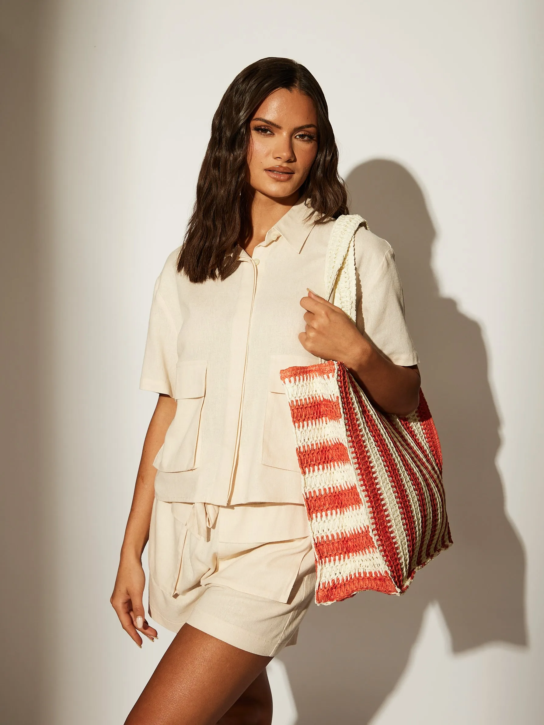 Straw Woven Shoulder Tote  in Red