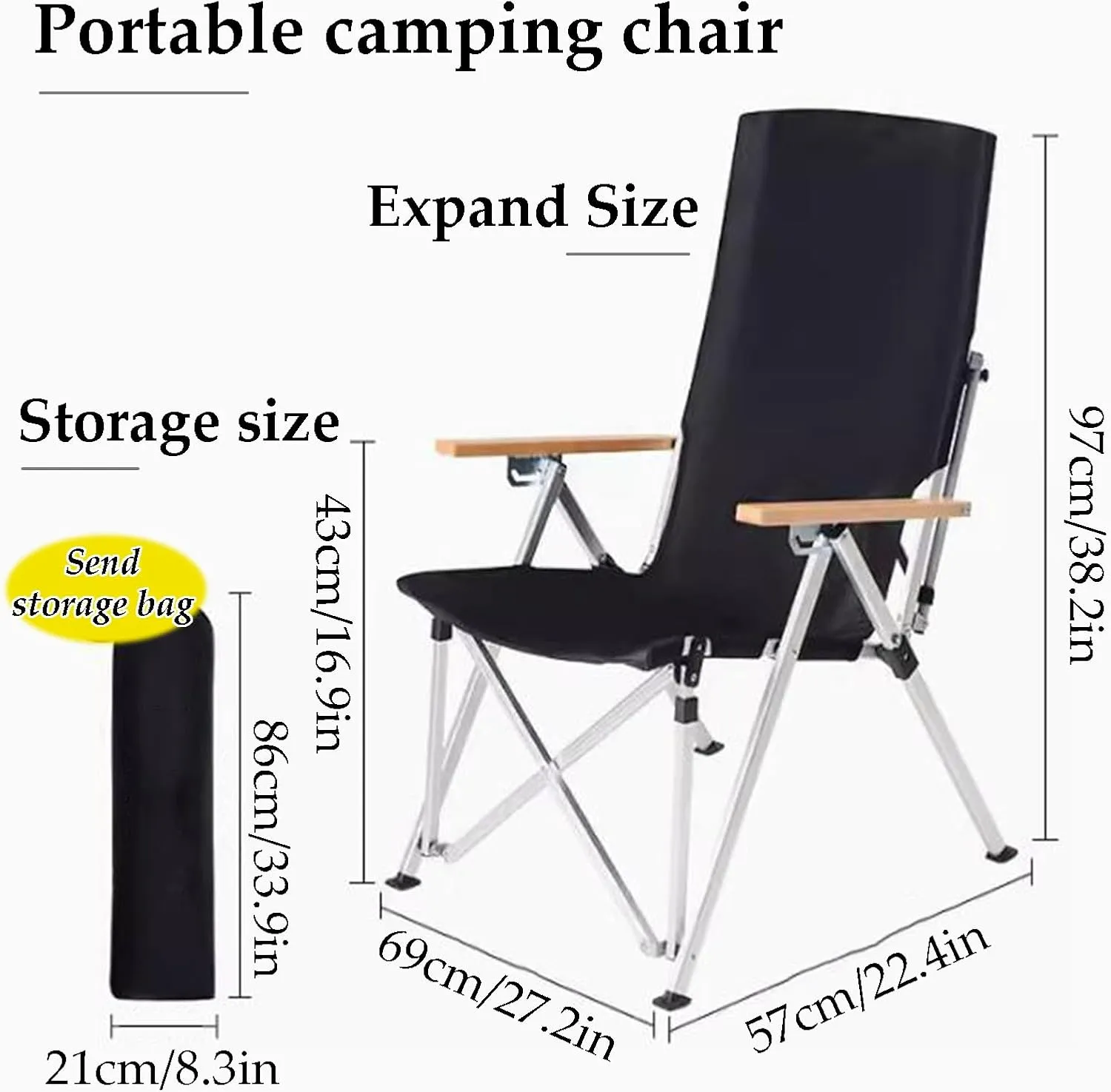 Sturdy Frame Camping Chairs High Back Chair Aluminum Alloy Picnic Chairs for Adults with Arm Rest & Storage Bag