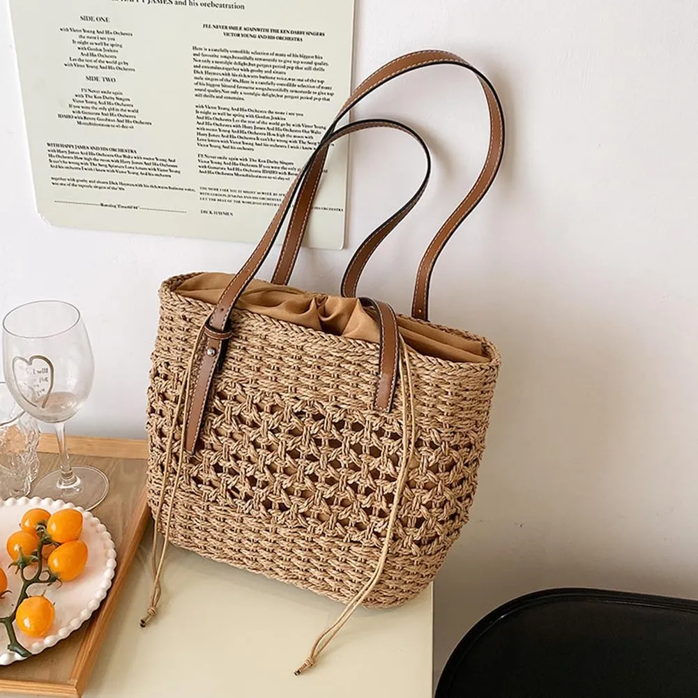 Stylish Boho Straw Tote Bag Hand-woven Purse Beach Handbag Summer Shoulder Bag With Adjustable Strap