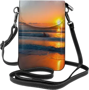Stylish lightweight Beautiful Sunrise Ocean print leather crossbody cell phone bag,cute multi pocket travel purse