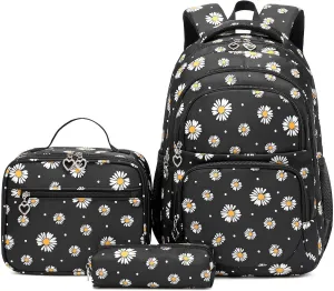 Sugaroom 3Pcs Daisy Printed Backpack with Lunch Box Kids Backpack for Girls Elementary Primary School Bag Bookbags for Teen Girls