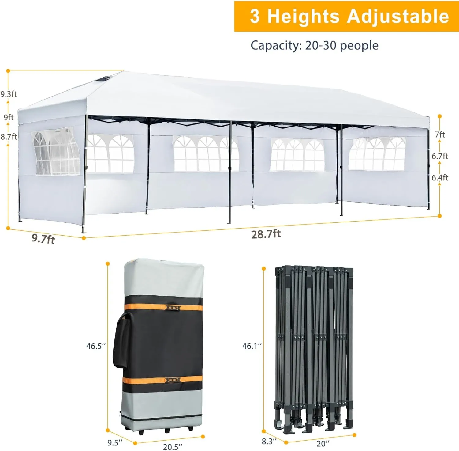 SUI SONG 10x30 Pop Up Canopy with Sidewalls, Heavy Duty Outdoor Party Tent with Wheeled Bag, for Patio,Wedding, Backyard