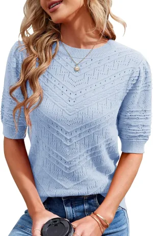 Summer Tops for Women Short Sleeves Pullover Sweaters Knit Blouse Cute Dot Sweater Shirt