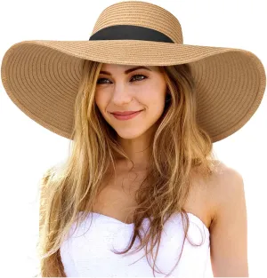 Sun Hats for Women Oversize Wide Brim Straw Beach Hat UV Protection Floppy Foldable Roll-Up Travel Summer Vacation UPF 50 