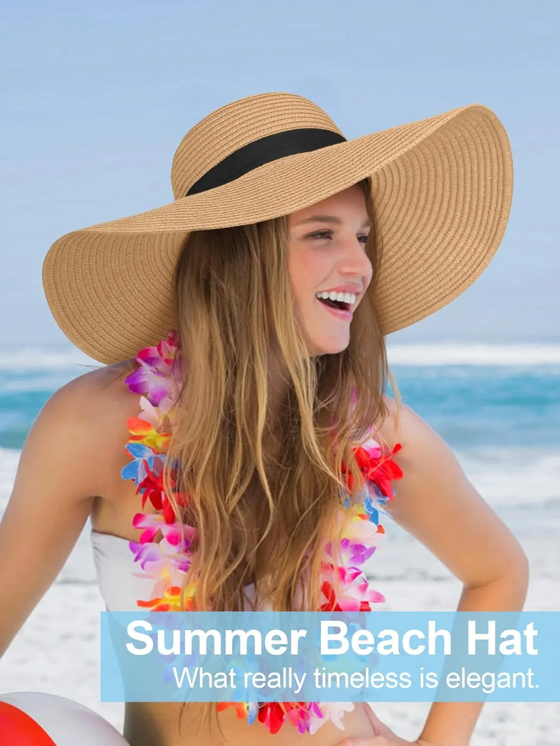 Sun Hats for Women Oversize Wide Brim Straw Beach Hat UV Protection Floppy Foldable Roll-Up Travel Summer Vacation UPF 50 