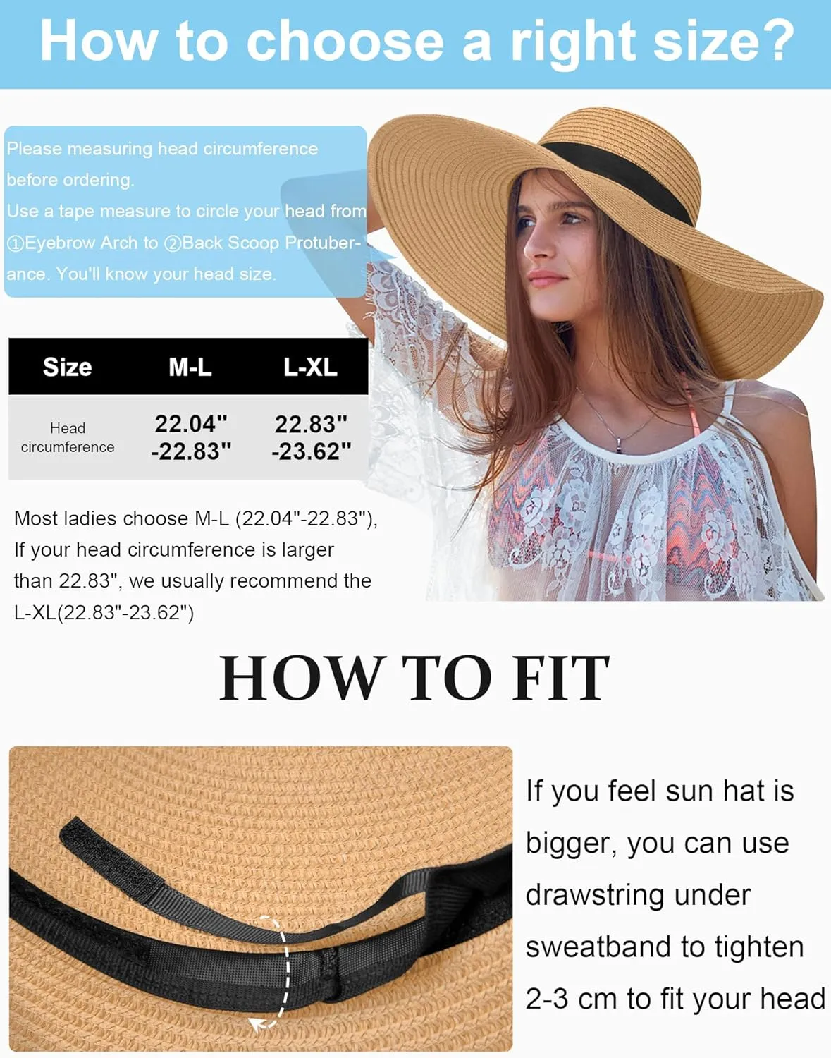 Sun Hats for Women Oversize Wide Brim Straw Beach Hat UV Protection Floppy Foldable Roll-Up Travel Summer Vacation UPF 50 