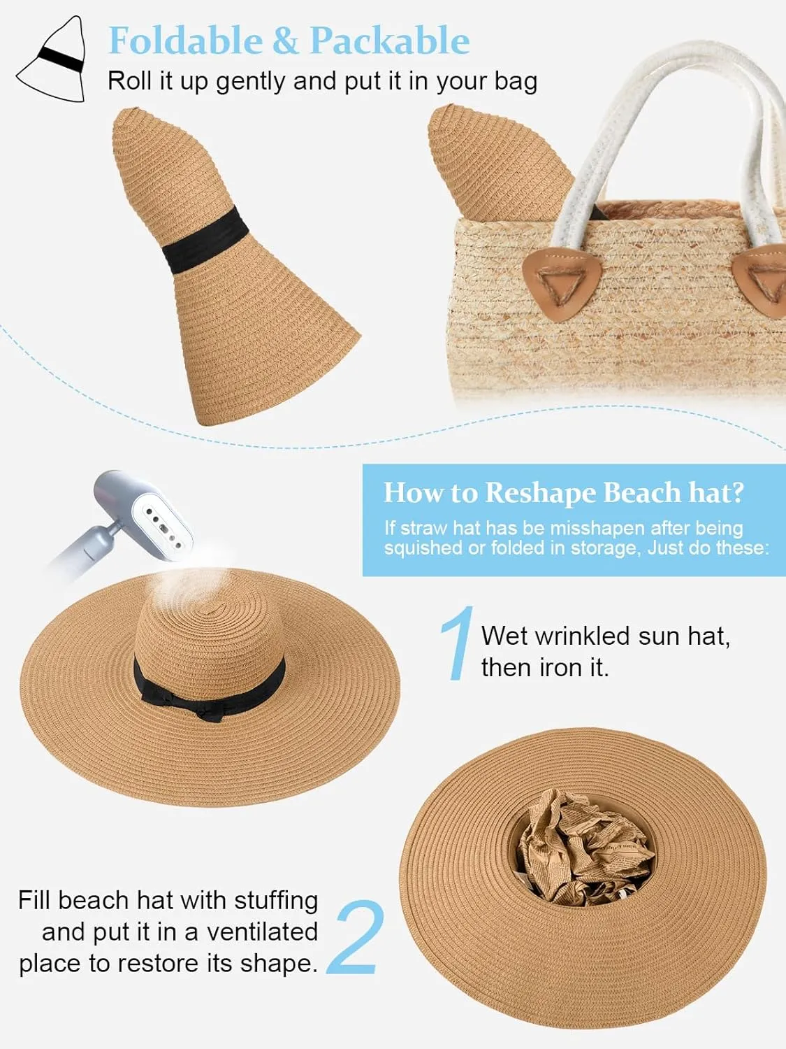 Sun Hats for Women Oversize Wide Brim Straw Beach Hat UV Protection Floppy Foldable Roll-Up Travel Summer Vacation UPF 50 