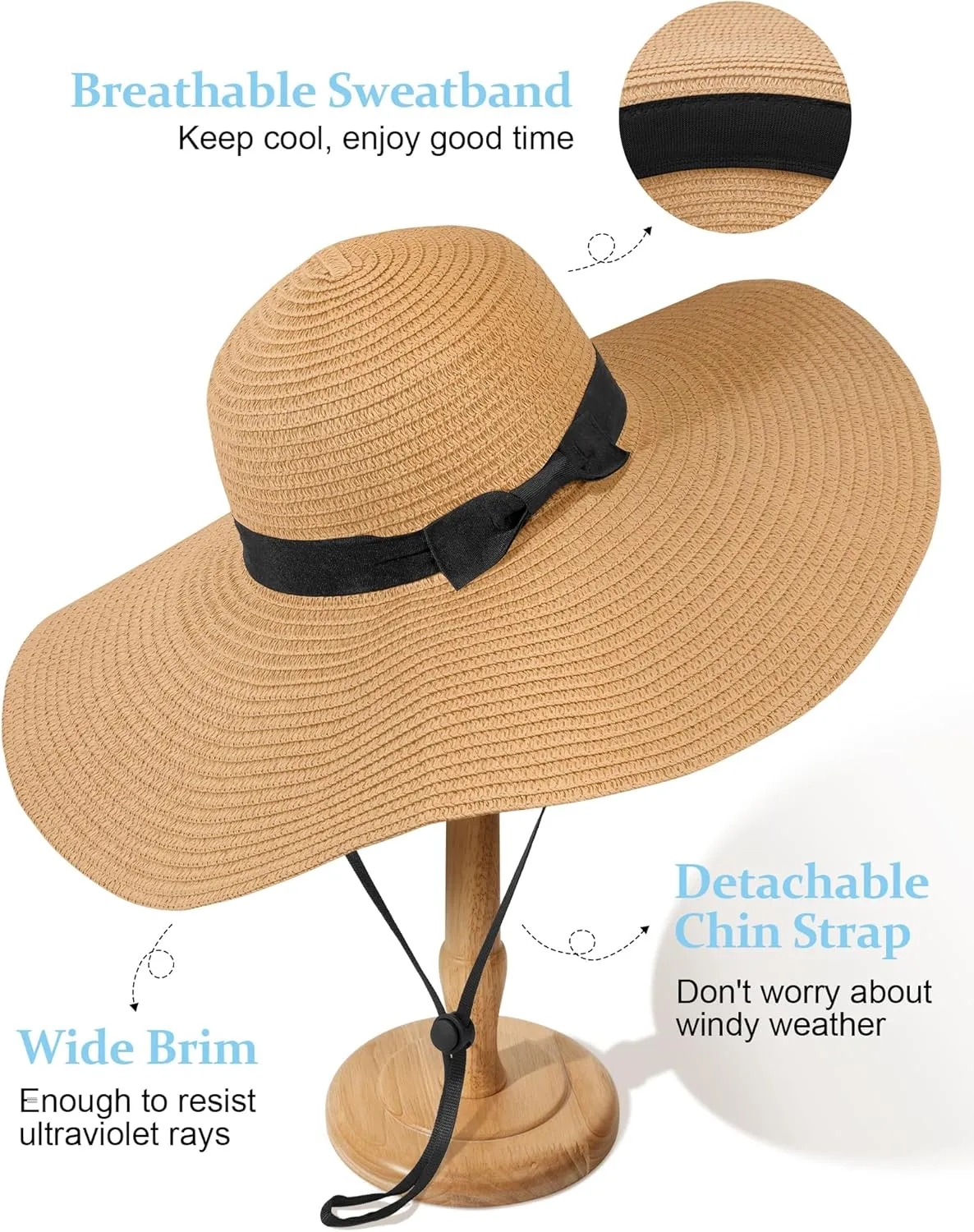 Sun Hats for Women Oversize Wide Brim Straw Beach Hat UV Protection Floppy Foldable Roll-Up Travel Summer Vacation UPF 50 