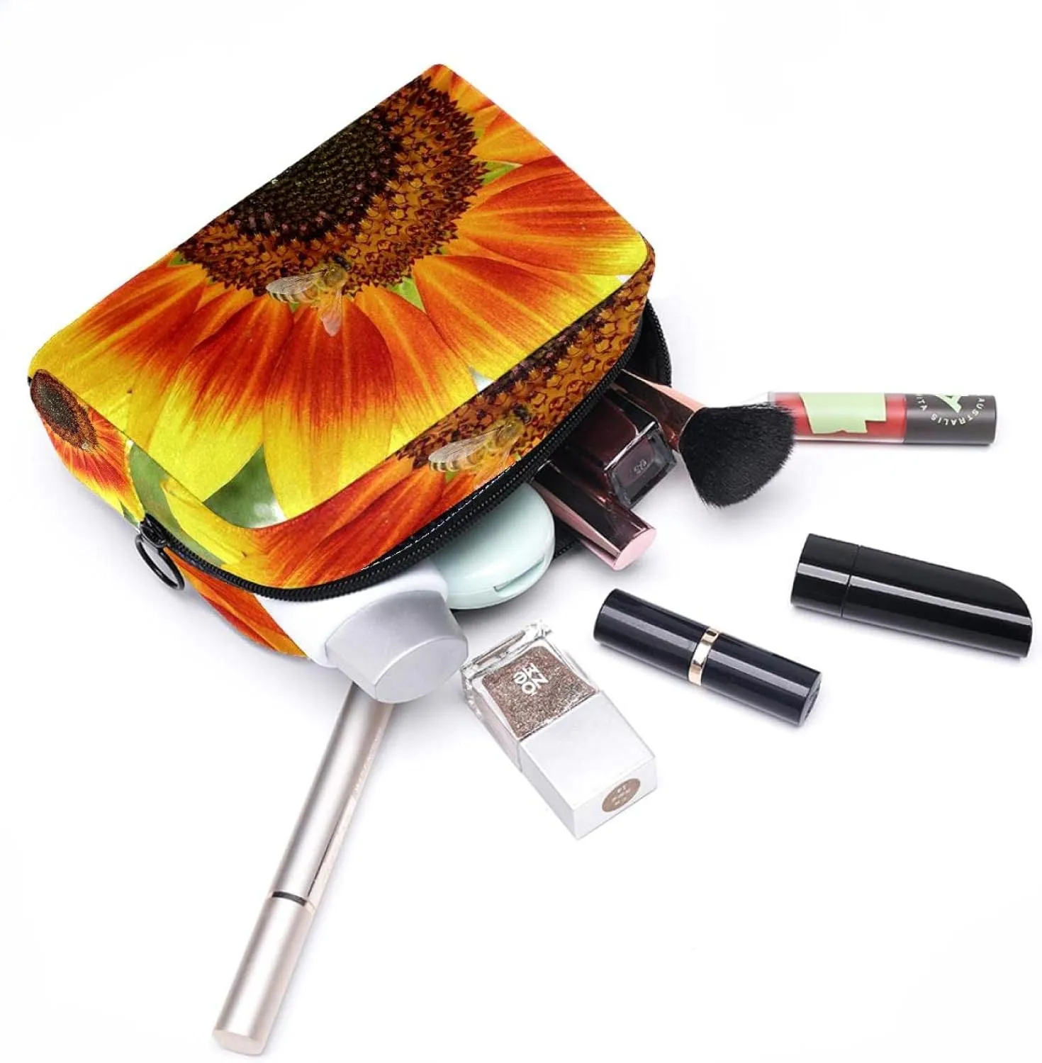 Sunflower Macro Bee Summer Figure Nature Small Makeup Bags for Women Teen Girls, Makeup Storage Bag with Zipper Accessories Organizer Bag for Travelling