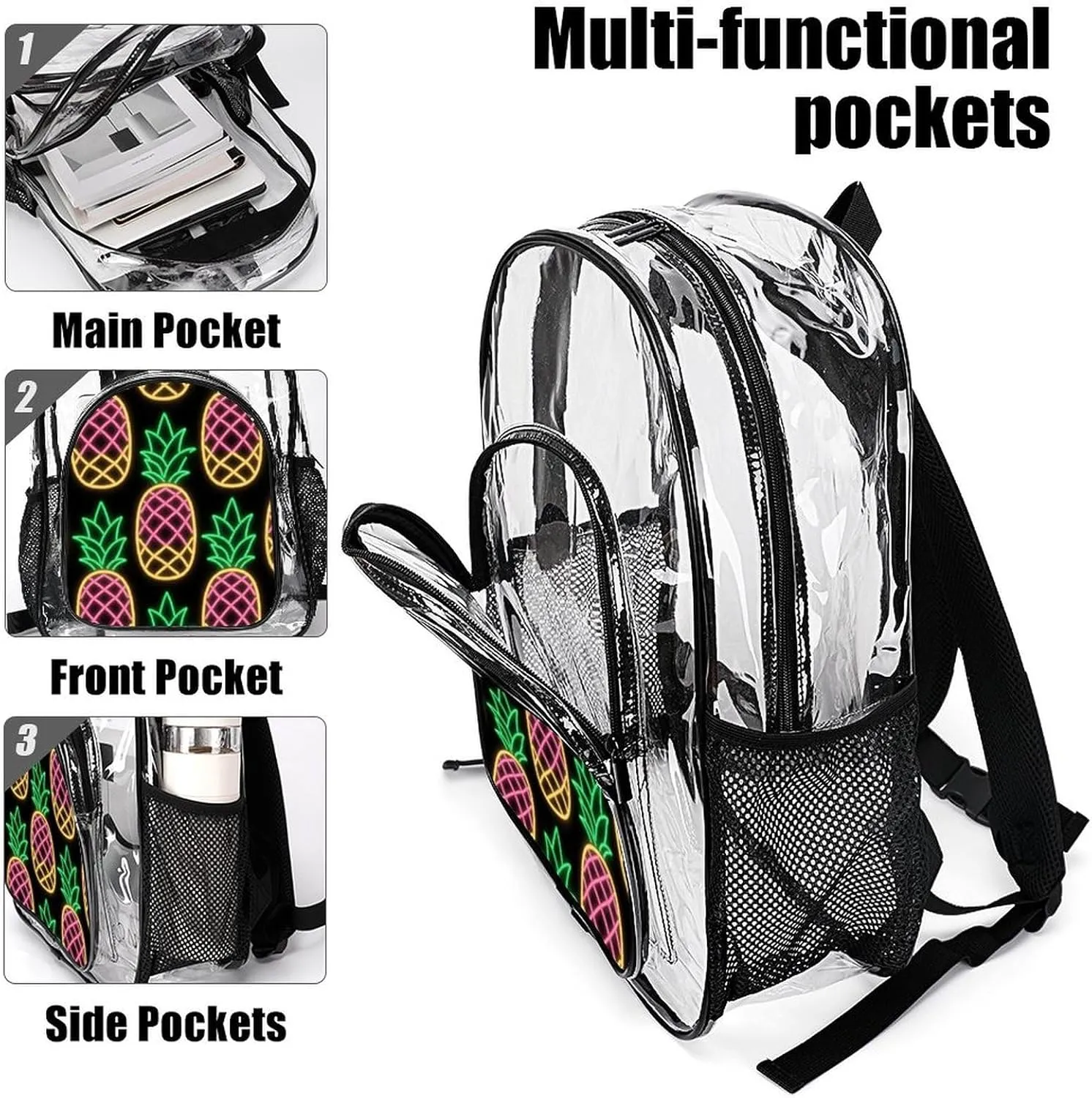 Supdreamc Adults Lightweight Tropical Neon Pineapples Art Shoulder Book Bags Big Capacity Shoulder Bag Transparent Bag for Trekking Work Walking Cycling
