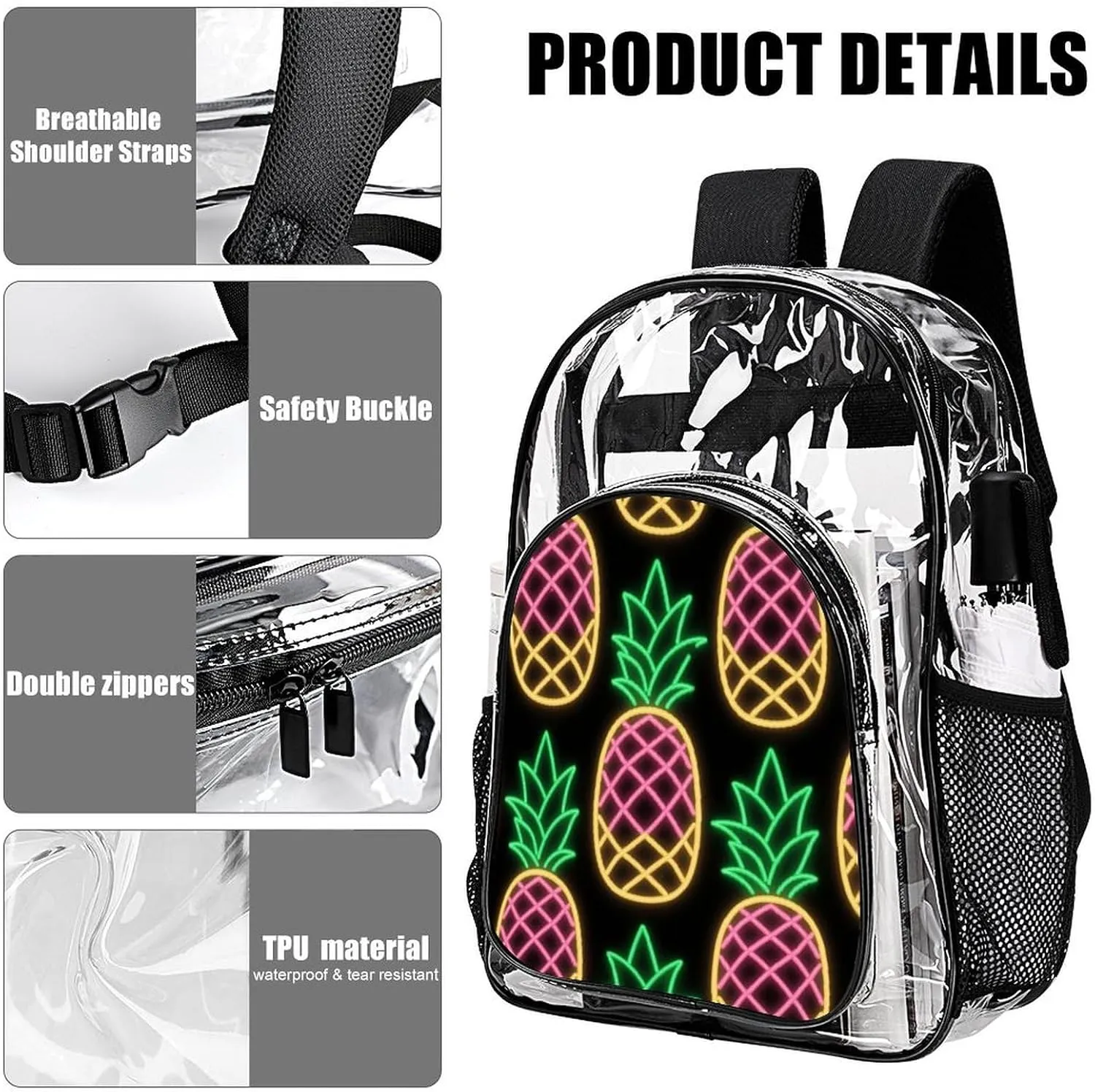 Supdreamc Adults Lightweight Tropical Neon Pineapples Art Shoulder Book Bags Big Capacity Shoulder Bag Transparent Bag for Trekking Work Walking Cycling