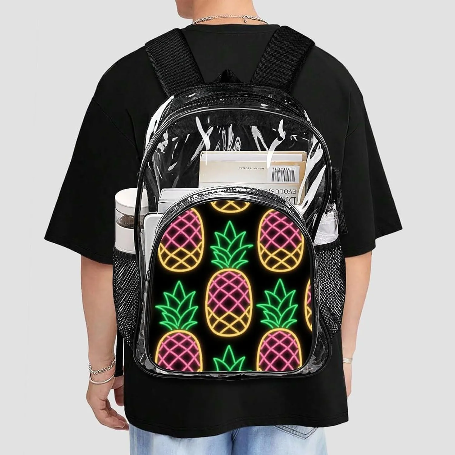 Supdreamc Adults Lightweight Tropical Neon Pineapples Art Shoulder Book Bags Big Capacity Shoulder Bag Transparent Bag for Trekking Work Walking Cycling
