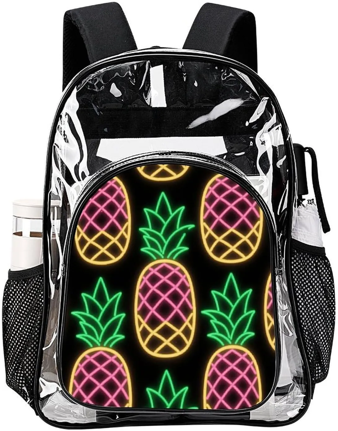 Supdreamc Adults Lightweight Tropical Neon Pineapples Art Shoulder Book Bags Big Capacity Shoulder Bag Transparent Bag for Trekking Work Walking Cycling