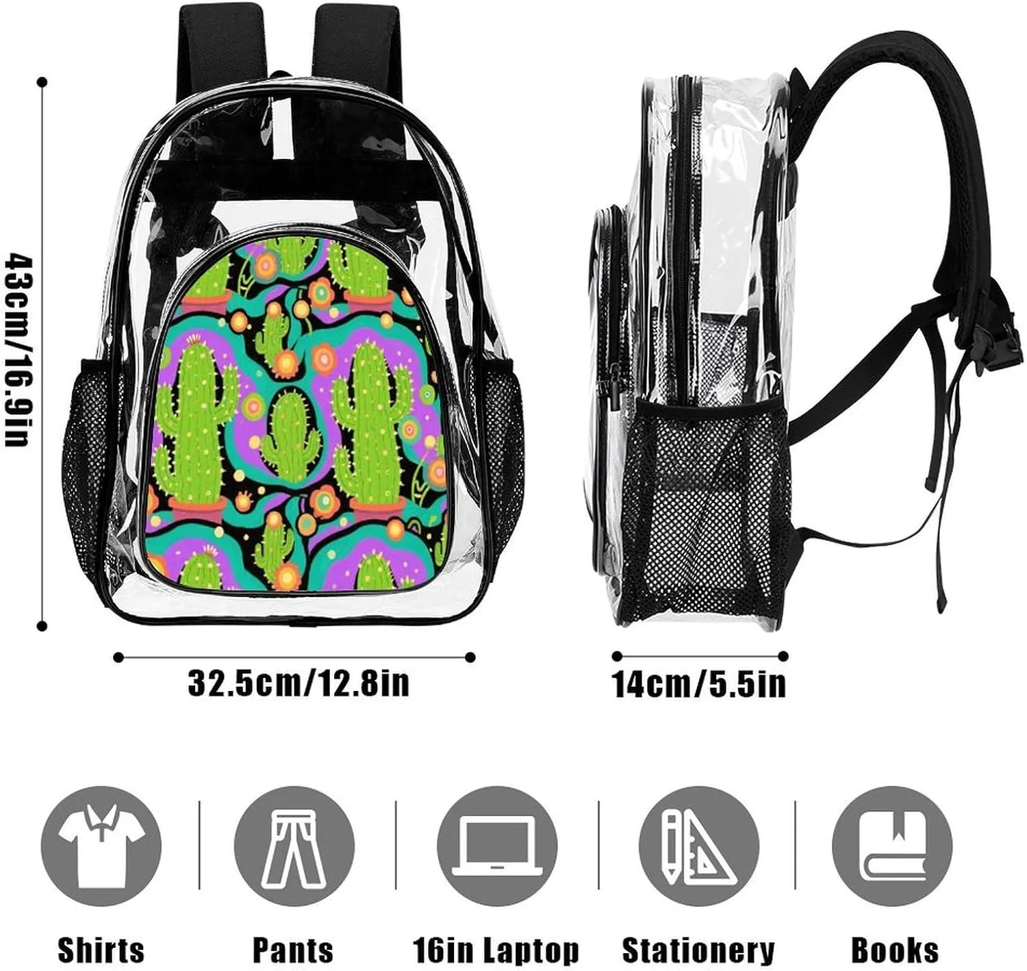 Supdreamc Backpack Multipurpose Anti-Theft Large Capacity Bookbag - Psychedelic Cactus Art Travel Hiking Daypack Transparent Bag