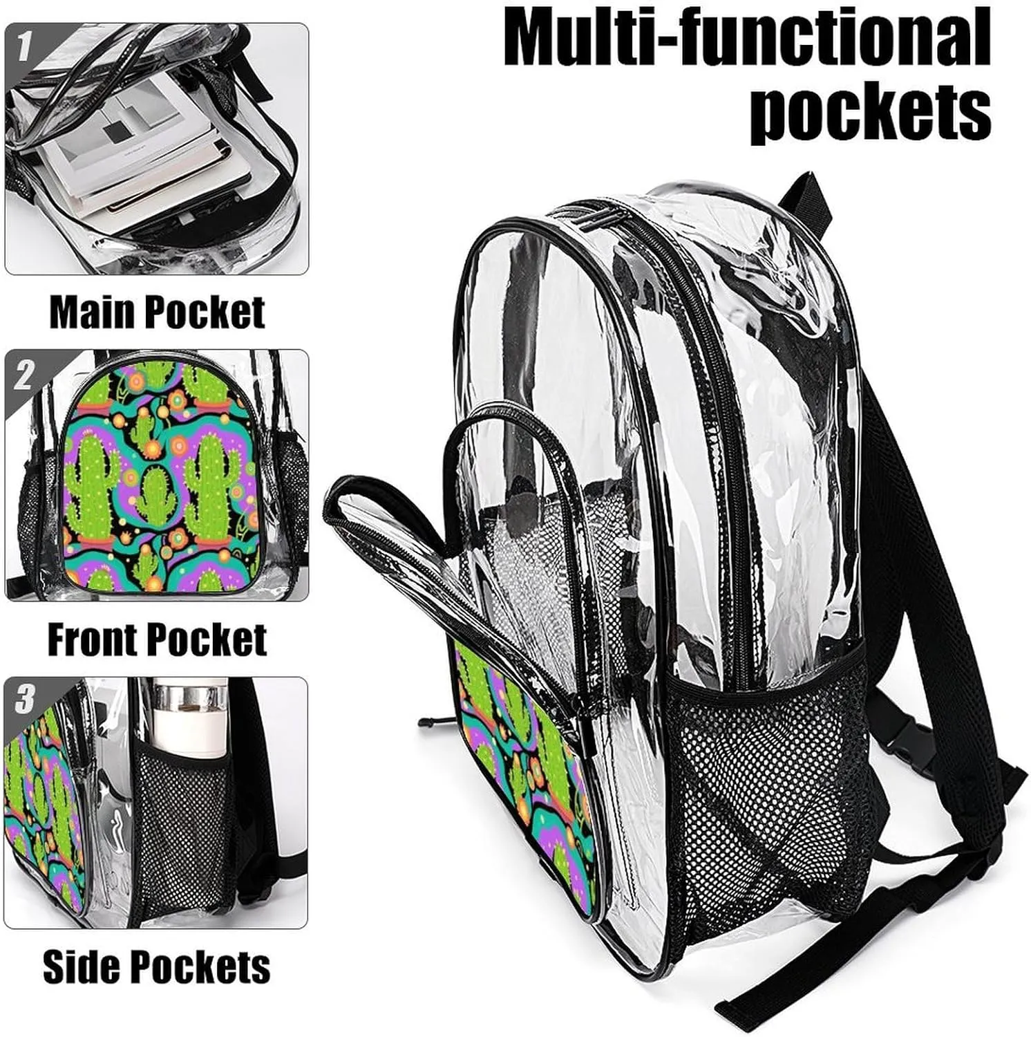 Supdreamc Backpack Multipurpose Anti-Theft Large Capacity Bookbag - Psychedelic Cactus Art Travel Hiking Daypack Transparent Bag