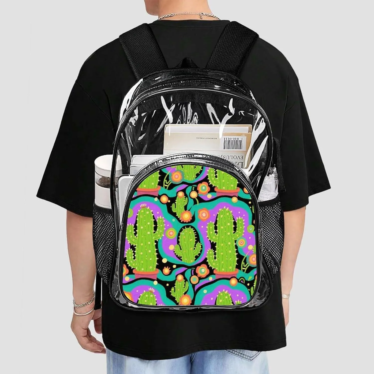 Supdreamc Backpack Multipurpose Anti-Theft Large Capacity Bookbag - Psychedelic Cactus Art Travel Hiking Daypack Transparent Bag