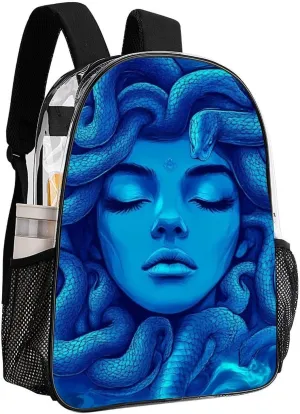 Supdreamc Men Women Transparent Greek Goddess Snake Queen Medusa Art Blue Daypack Backpack Large Capacity Carry On Bag With Smooth Zippers for Hiking Picnic Walking Cycling