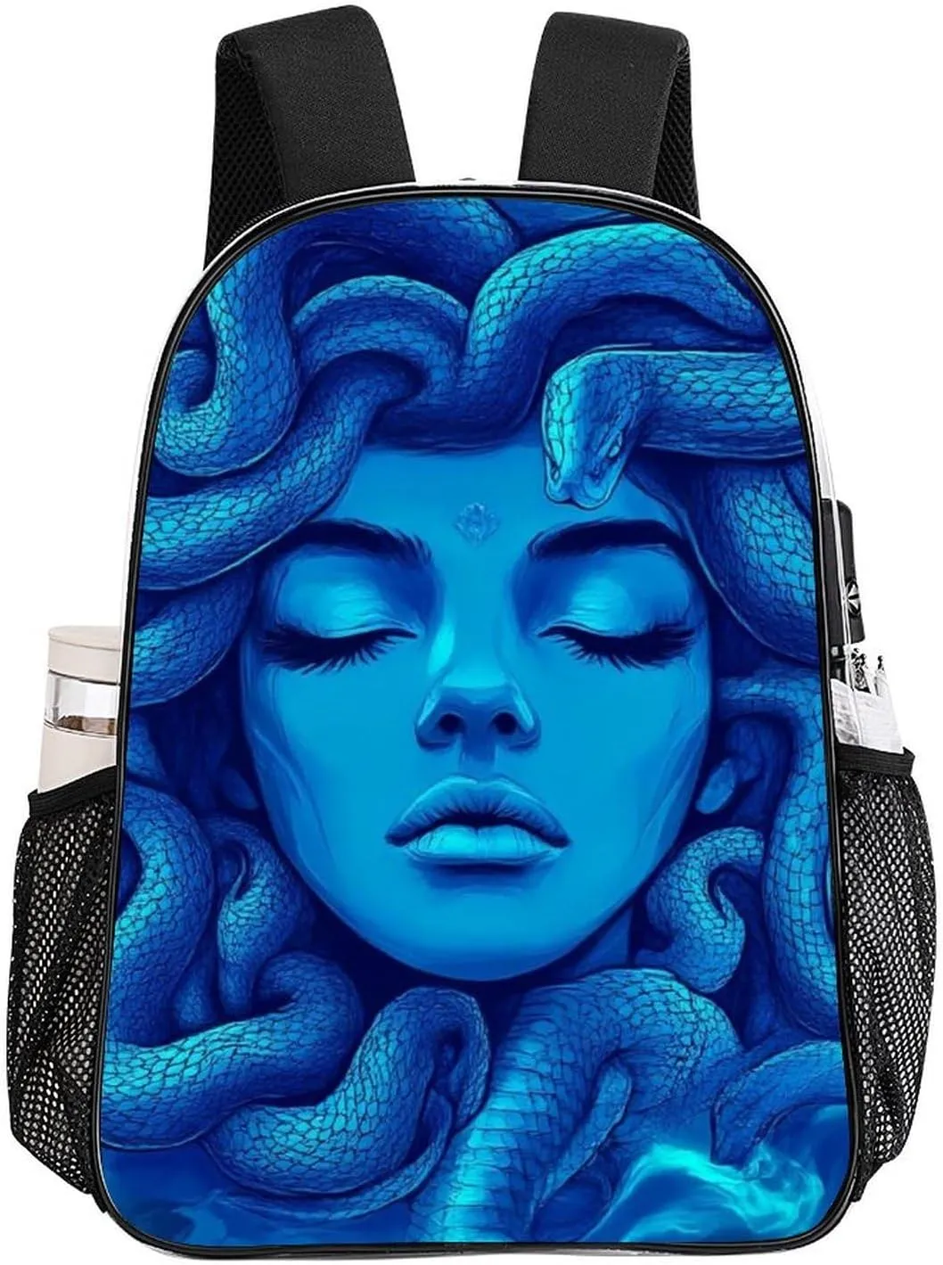 Supdreamc Men Women Transparent Greek Goddess Snake Queen Medusa Art Blue Daypack Backpack Large Capacity Carry On Bag With Smooth Zippers for Hiking Picnic Walking Cycling