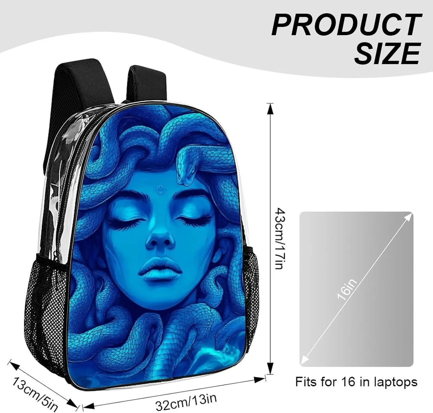 Supdreamc Men Women Transparent Greek Goddess Snake Queen Medusa Art Blue Daypack Backpack Large Capacity Carry On Bag With Smooth Zippers for Hiking Picnic Walking Cycling