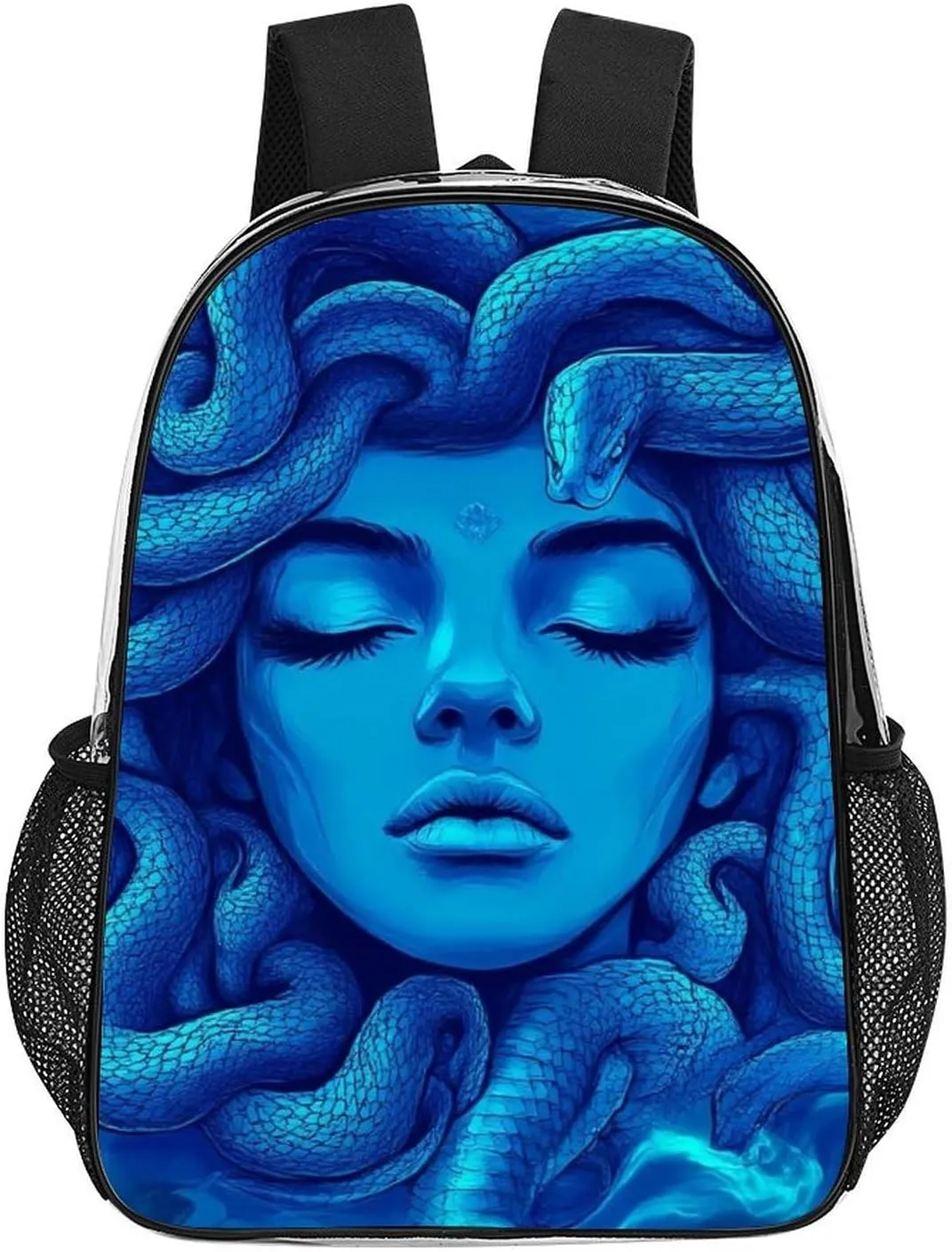 Supdreamc Men Women Transparent Greek Goddess Snake Queen Medusa Art Blue Daypack Backpack Large Capacity Carry On Bag With Smooth Zippers for Hiking Picnic Walking Cycling