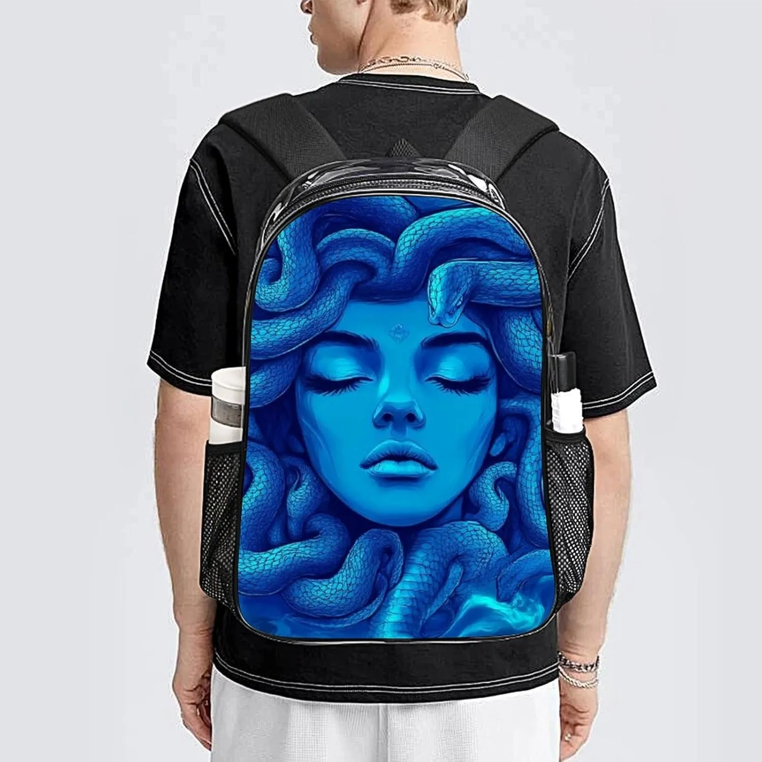 Supdreamc Men Women Transparent Greek Goddess Snake Queen Medusa Art Blue Daypack Backpack Large Capacity Carry On Bag With Smooth Zippers for Hiking Picnic Walking Cycling