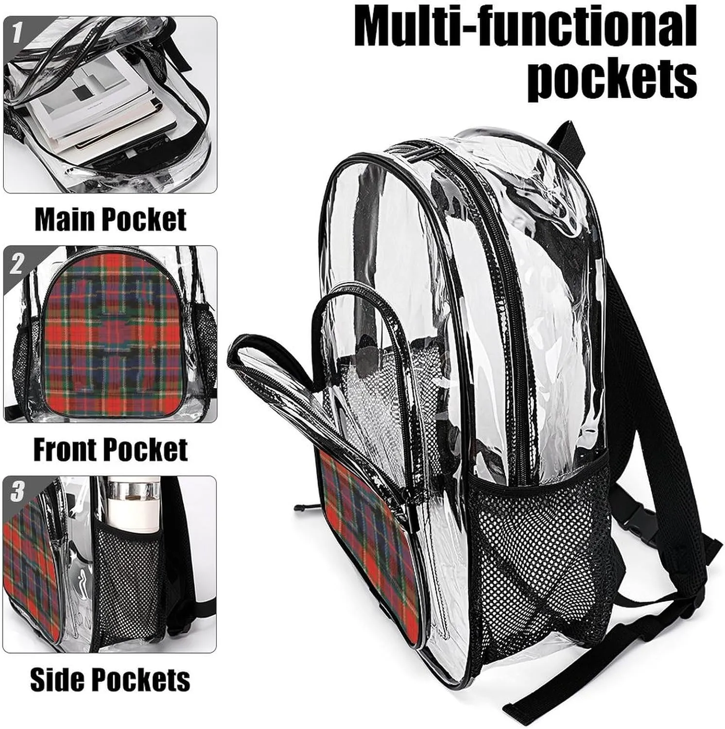 Supdreamc Transparent Daypack for Hiking Work Running - Big Capacity Anti-Theft Multipurpose Shoulder Bag, Tartan Buffalo Check Plaid Red Teal Black Travel and Sport Backpack Rucksack