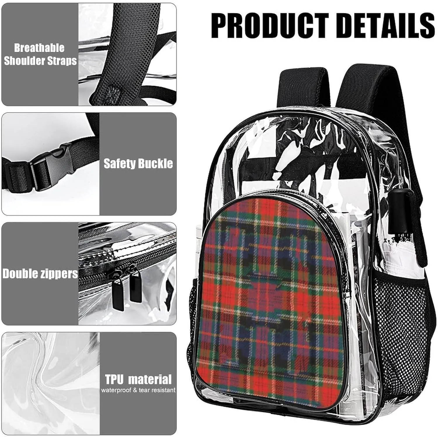 Supdreamc Transparent Daypack for Hiking Work Running - Big Capacity Anti-Theft Multipurpose Shoulder Bag, Tartan Buffalo Check Plaid Red Teal Black Travel and Sport Backpack Rucksack