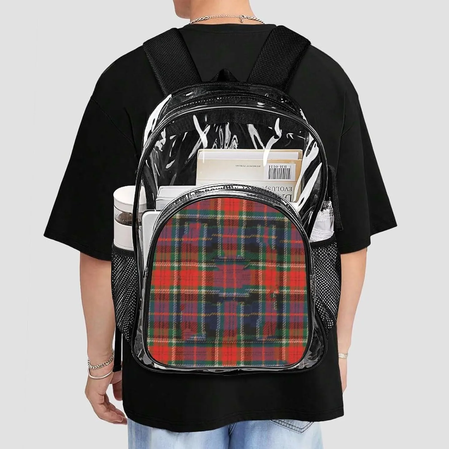 Supdreamc Transparent Daypack for Hiking Work Running - Big Capacity Anti-Theft Multipurpose Shoulder Bag, Tartan Buffalo Check Plaid Red Teal Black Travel and Sport Backpack Rucksack