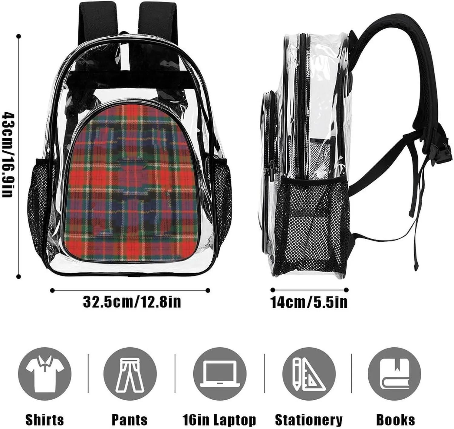 Supdreamc Transparent Daypack for Hiking Work Running - Big Capacity Anti-Theft Multipurpose Shoulder Bag, Tartan Buffalo Check Plaid Red Teal Black Travel and Sport Backpack Rucksack