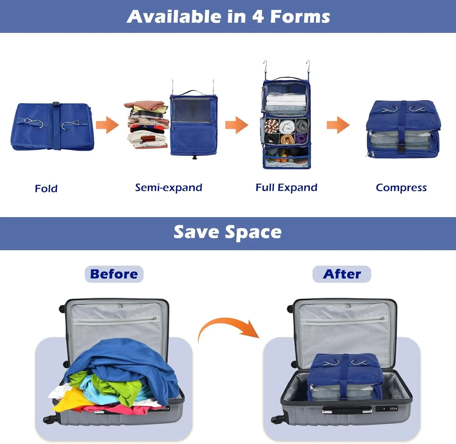 Surblue Hanging Shelves Travel Storage Bag Compression Packing Cube for Suitcase Collapsible with Extension Layer Large Capacity, Blue,XL
