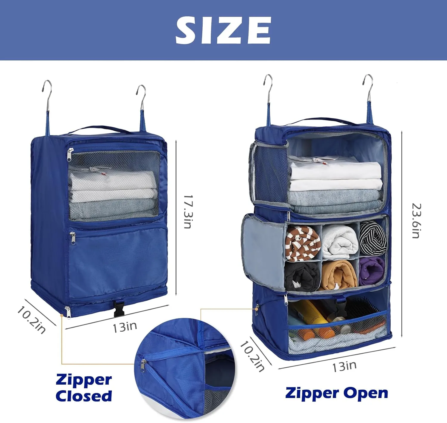 Surblue Hanging Shelves Travel Storage Bag Compression Packing Cube for Suitcase Collapsible with Extension Layer Large Capacity, Blue,XL