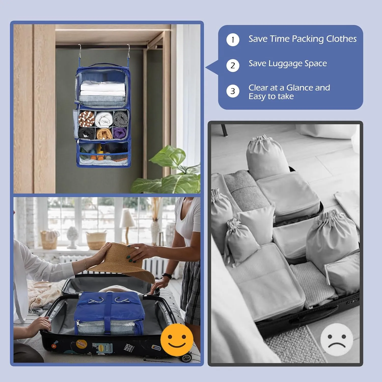 Surblue Hanging Shelves Travel Storage Bag Compression Packing Cube for Suitcase Collapsible with Extension Layer Large Capacity, Blue,XL