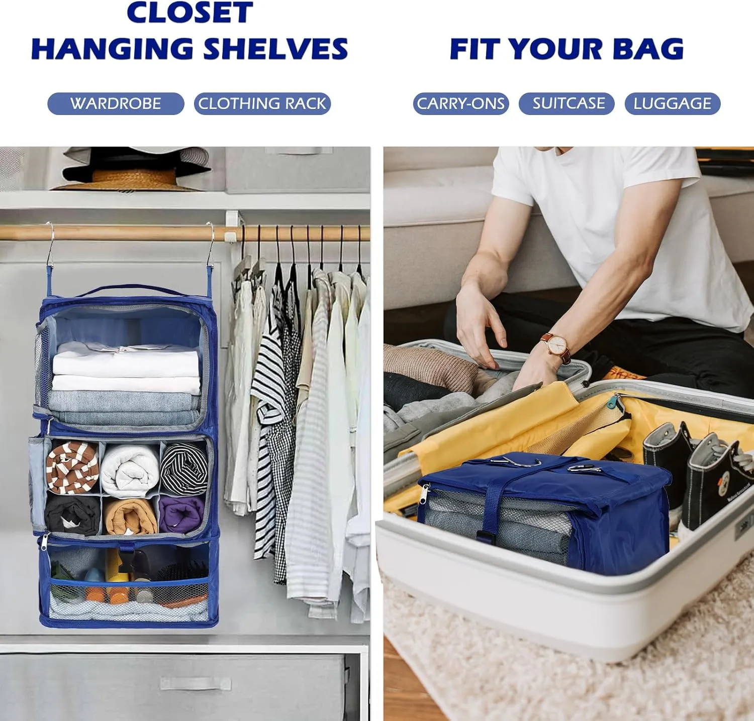 Surblue Hanging Shelves Travel Storage Bag Compression Packing Cube for Suitcase Collapsible with Extension Layer Large Capacity, Blue,XL