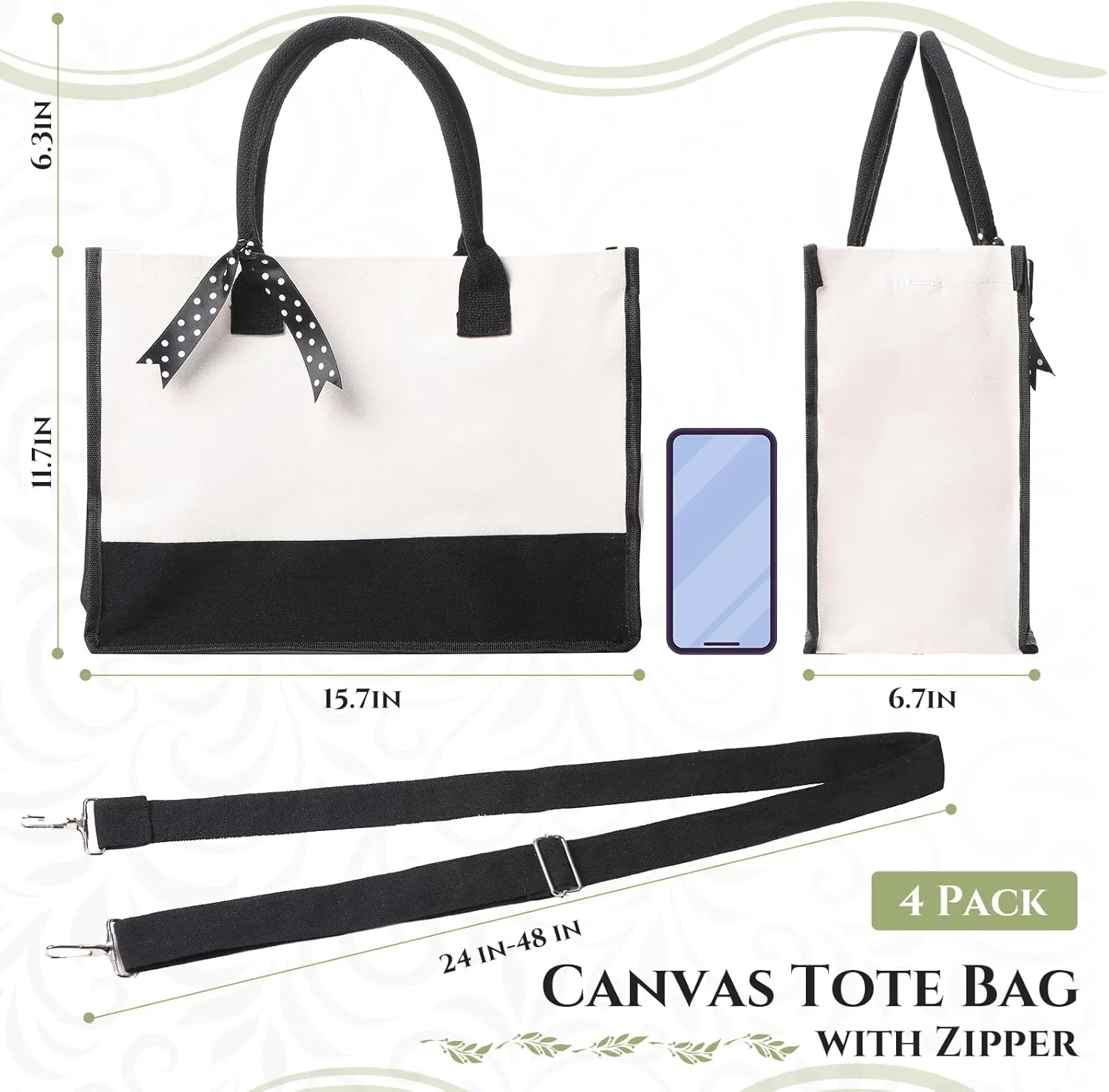 Sweetude 4 Pcs Canvas Tote Bag Shoulder Strap Black White Canvas Bag Zipper Opening Pockets Grocery Tote for Women Gift DIY