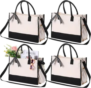 Sweetude 4 Pcs Canvas Tote Bag Shoulder Strap Black White Canvas Bag Zipper Opening Pockets Grocery Tote for Women Gift DIY