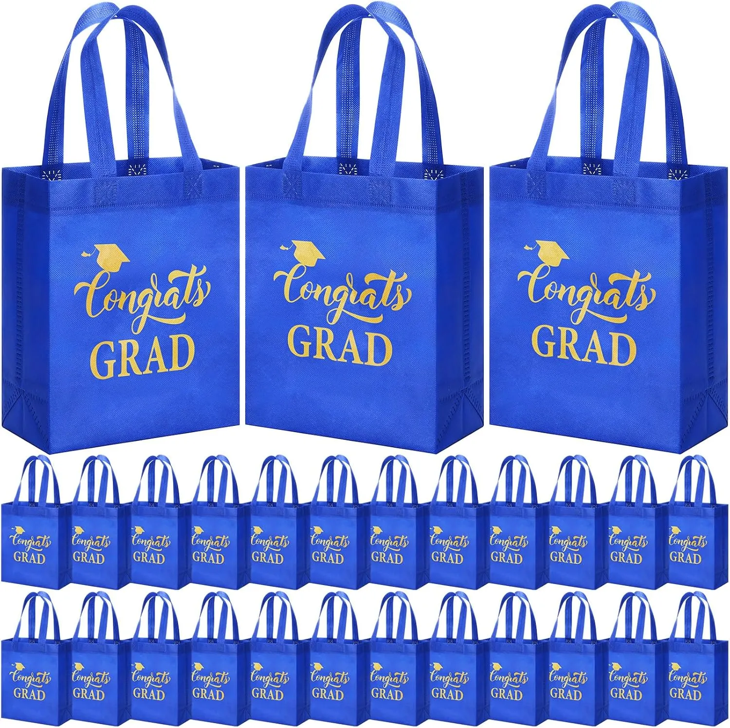 Sweetude 50 Pcs Graduation Gift Bags Bulk with Handles Reusable Congrats Grad Non Woven Tote Bags 10 x 8 x 4 Inches Graduation Party Favors for College High School Supplies(Black, Gold)