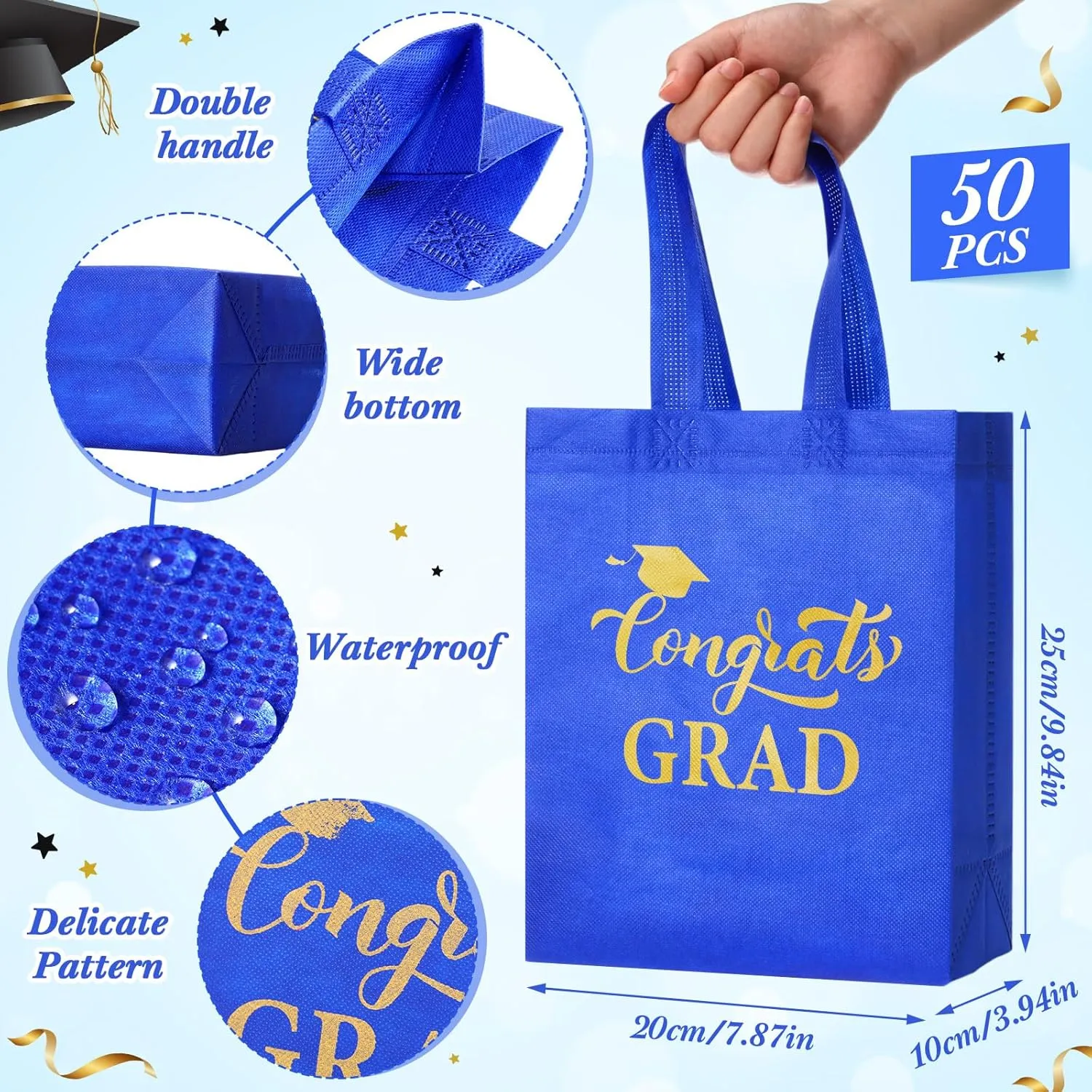 Sweetude 50 Pcs Graduation Gift Bags Bulk with Handles Reusable Congrats Grad Non Woven Tote Bags 10 x 8 x 4 Inches Graduation Party Favors for College High School Supplies(Black, Gold)