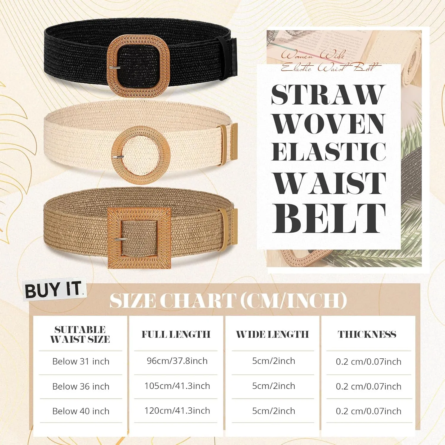 Syhood 3 Pieces Straw Woven Elastic Waist Belt for Women Bohemian Dress Braided Belt