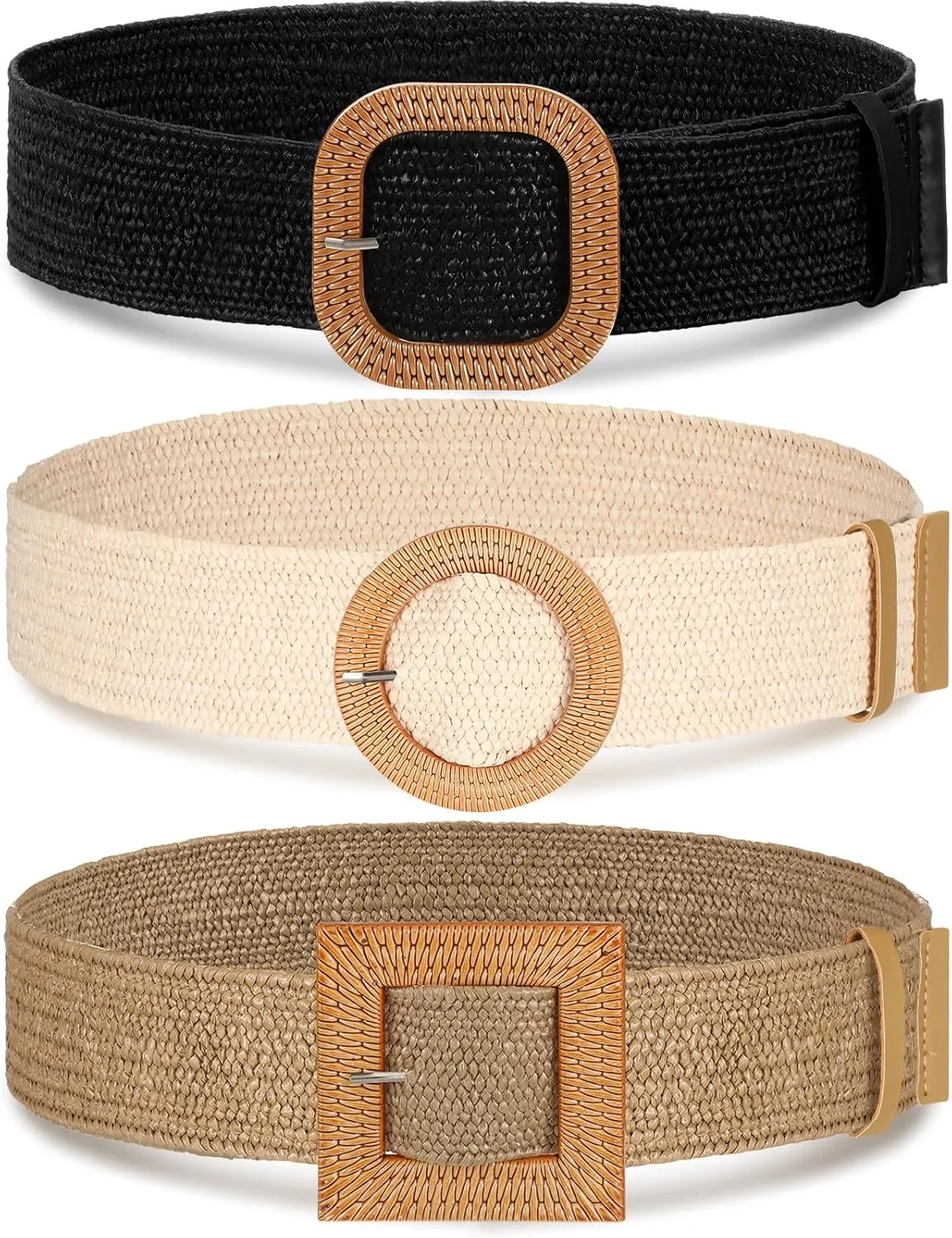 Syhood 3 Pieces Straw Woven Elastic Waist Belt for Women Bohemian Dress Braided Belt