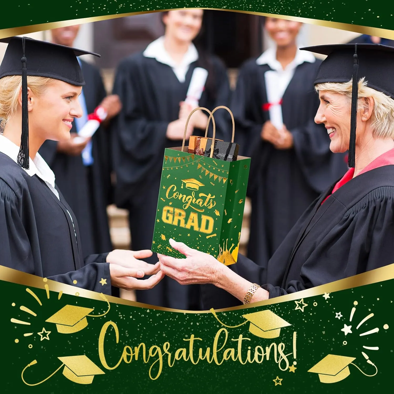 TaoBary 24 Pcs Green Gold 2025 Graduation Gift Bags Congrats Grad Bags Party Favors with Handles Graduation Treat Paper Gifts for Grad Party Supplies, 8 x 6 x 3 Inches