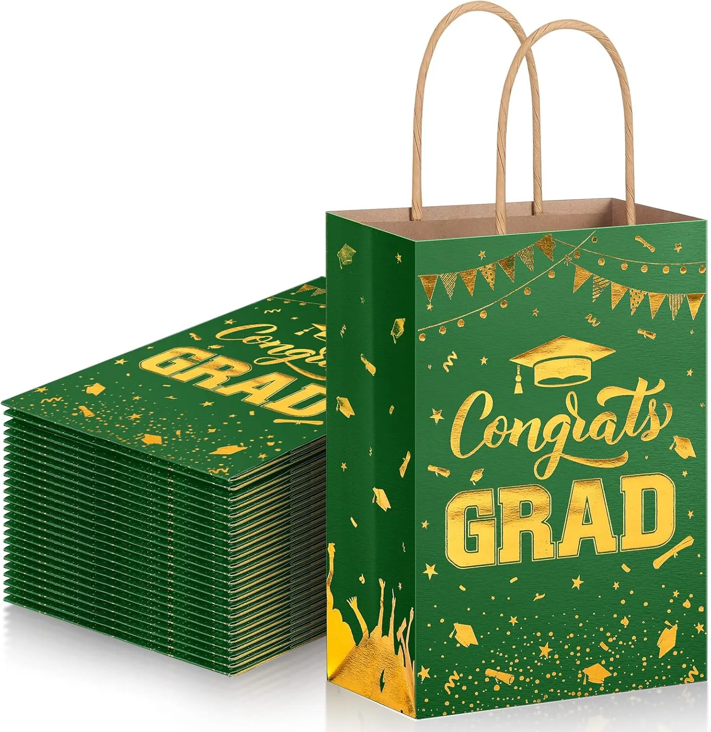 TaoBary 24 Pcs Green Gold 2025 Graduation Gift Bags Congrats Grad Bags Party Favors with Handles Graduation Treat Paper Gifts for Grad Party Supplies, 8 x 6 x 3 Inches