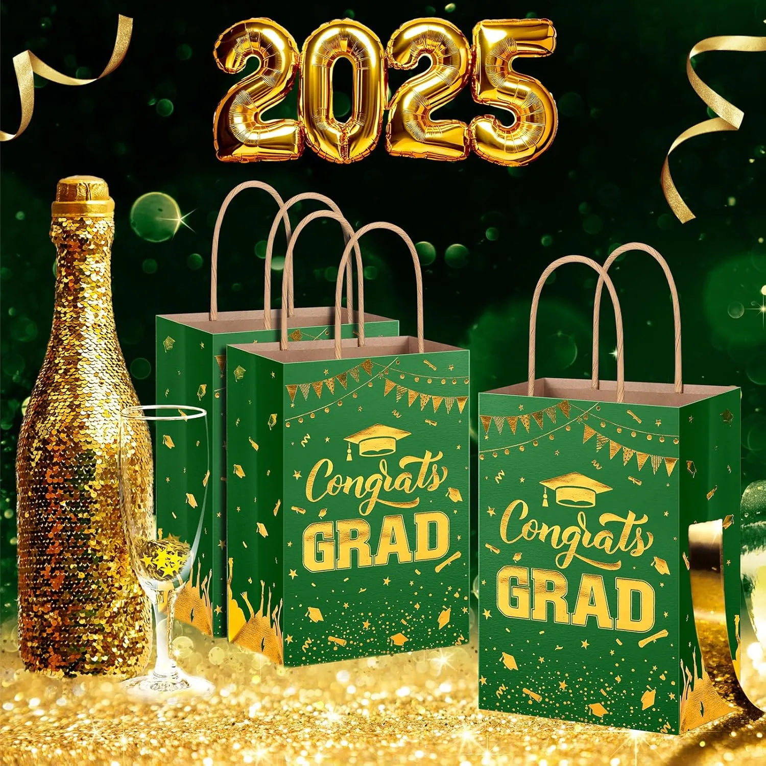 TaoBary 24 Pcs Green Gold 2025 Graduation Gift Bags Congrats Grad Bags Party Favors with Handles Graduation Treat Paper Gifts for Grad Party Supplies, 8 x 6 x 3 Inches