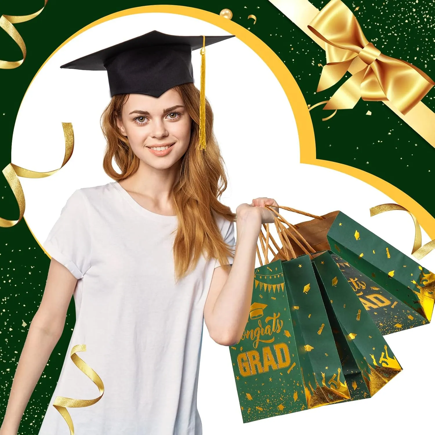TaoBary 24 Pcs Green Gold 2025 Graduation Gift Bags Congrats Grad Bags Party Favors with Handles Graduation Treat Paper Gifts for Grad Party Supplies, 8 x 6 x 3 Inches