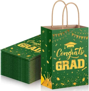 TaoBary 24 Pcs Green Gold 2025 Graduation Gift Bags Congrats Grad Bags Party Favors with Handles Graduation Treat Paper Gifts for Grad Party Supplies, 8 x 6 x 3 Inches