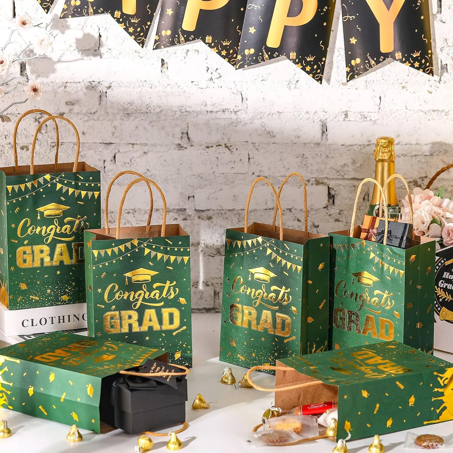 TaoBary 24 Pcs Green Gold 2025 Graduation Gift Bags Congrats Grad Bags Party Favors with Handles Graduation Treat Paper Gifts for Grad Party Supplies, 8 x 6 x 3 Inches